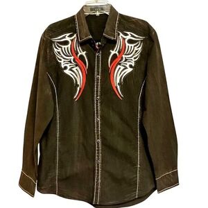 Toku Long Sleeve Button Down Embellished Western Shirt in Washed Brown XL